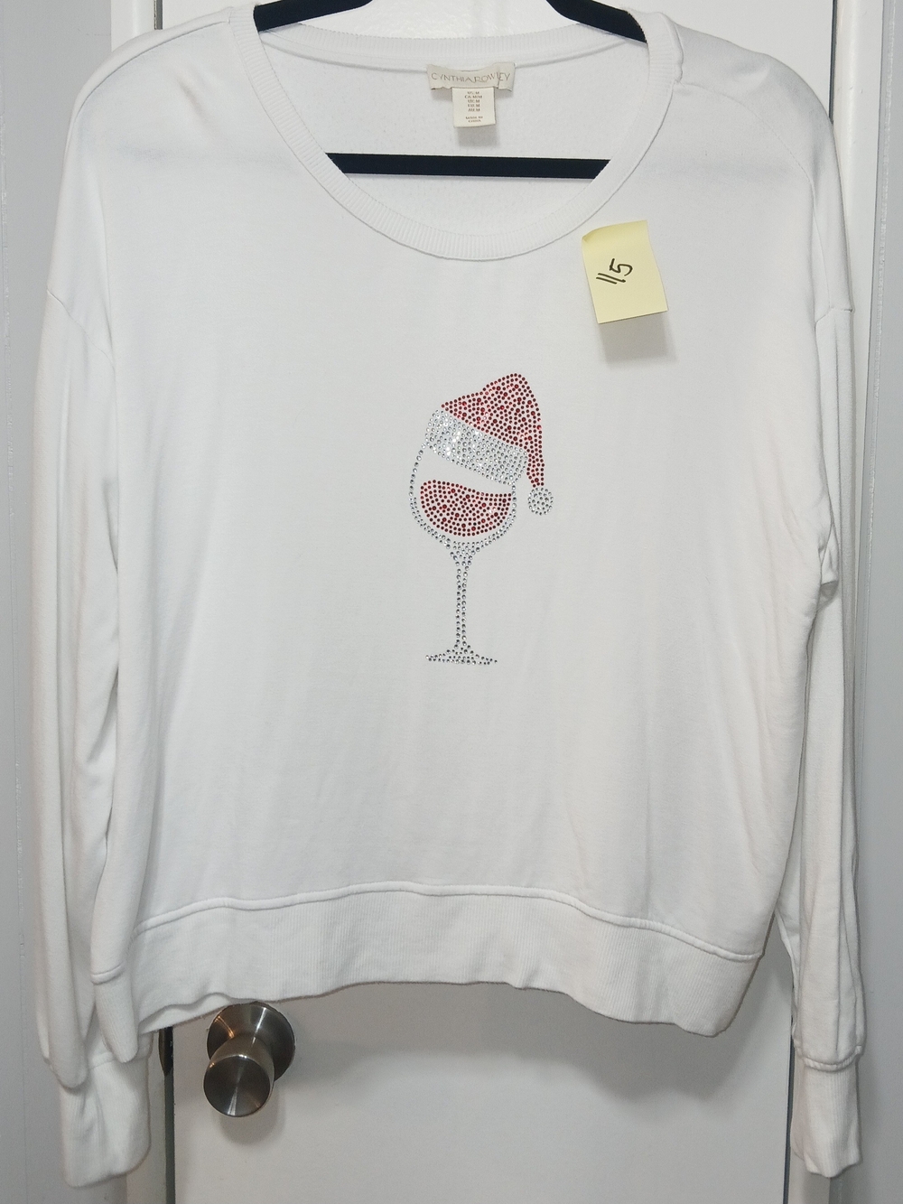 Cynthia Rowley White Rhinestone Wine Glass Sweatshirt with Red Santa Hat